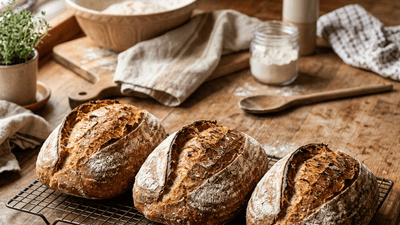 Fresh homemade bread loaves on a cooling rack