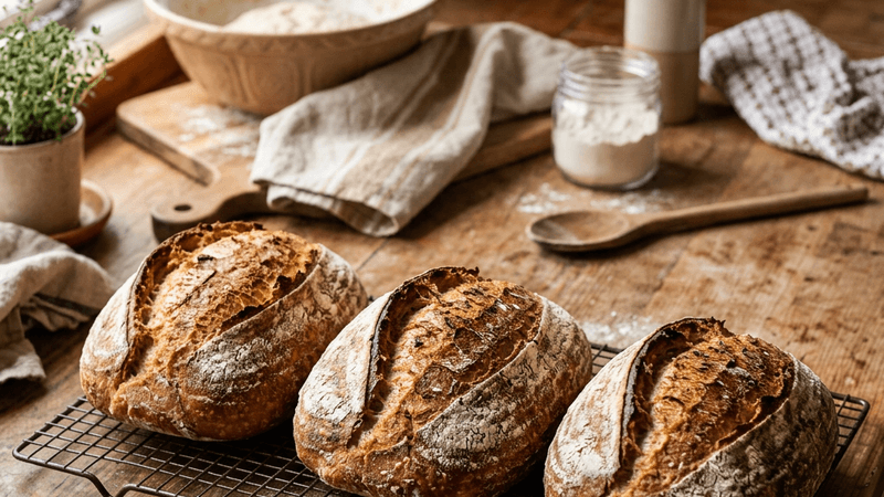 Fresh homemade bread loaves on a cooling rack