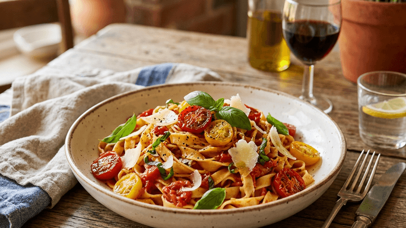 Gourmet pasta with cherry tomatoes fresh basil and parmesan on rustic table
