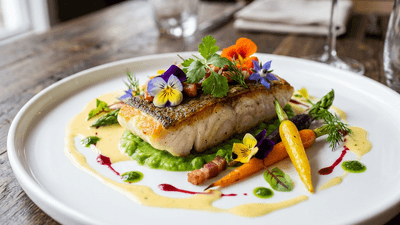Beautifully plated gourmet dish with colorful garnishes