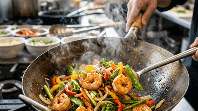 Colorful Asian stir-fry with vegetables and shrimp in a sizzling wok